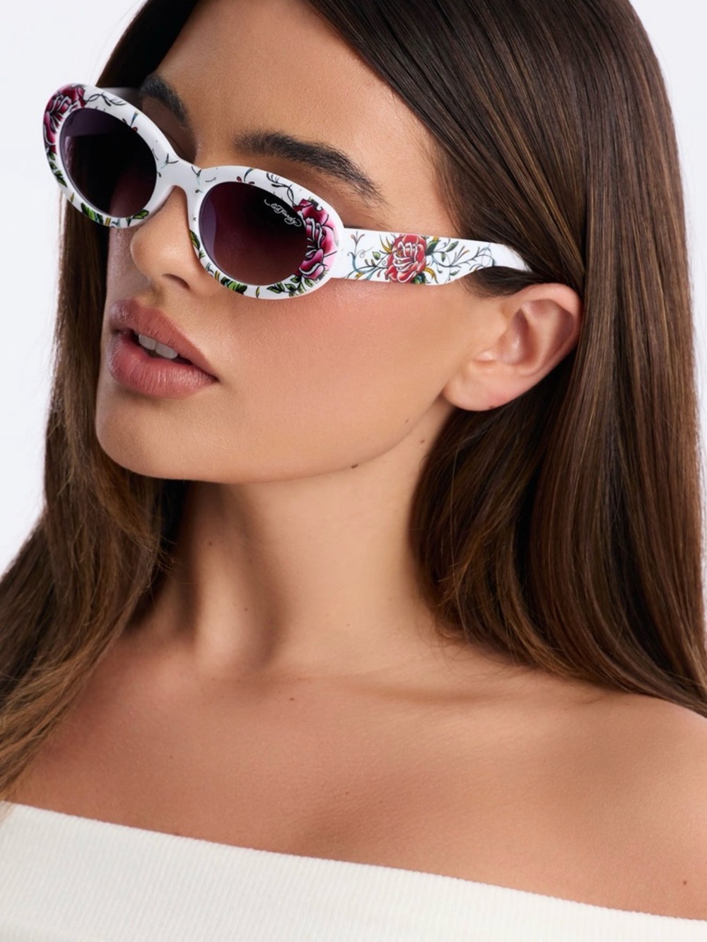 Ed Hardy White Floral Oval Sunglasses with Pink Rose Accents
